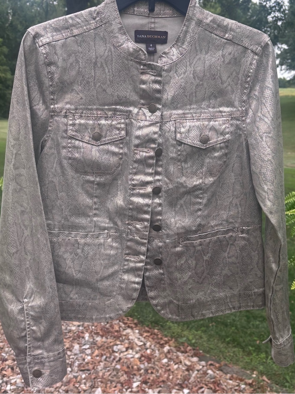 Dana Buchman Metallic Silver Snake-Print Utility Jacket